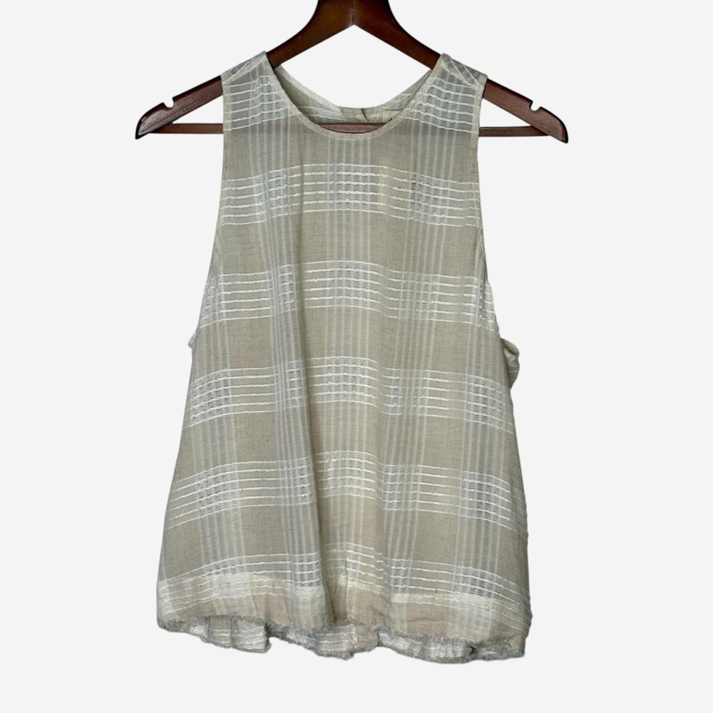 NWT Cloth & Stone Anthropologie Rayon-Linen Oatmeal Plaid Frayed Tank Top Size L - Picture 3 of 12